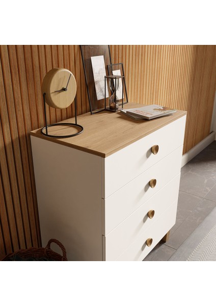 Şifonyer E1 Sertifikalı Suntalam 80x86x45 cm 4 Çekmeceli Sepet Meşe Beyaz Modern Tasarım