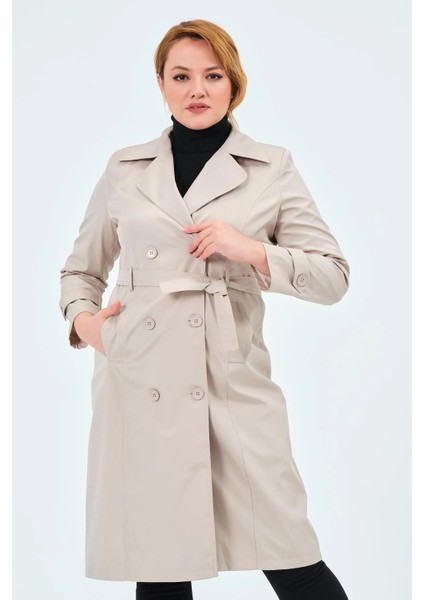 Kadın Suya Dayanıklı Büyük Beden Trençkot Kemerli Uzun Kruvaze Trençkot Bonded Kumaş Astarlı Krem