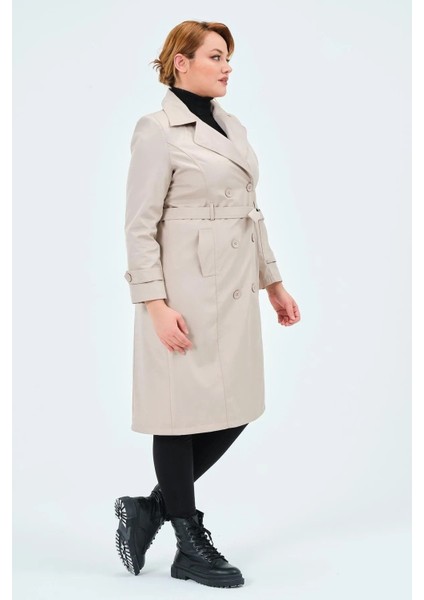 Kadın Suya Dayanıklı Büyük Beden Trençkot Kemerli Uzun Kruvaze Trençkot Bonded Kumaş Astarlı Krem