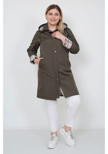 Kadın Suya Dayanıklı Büyük Beden Trençkot Uzun Kapüşonlu Trençkot Bonded Kumaş Içi Ekoseli Trençkot