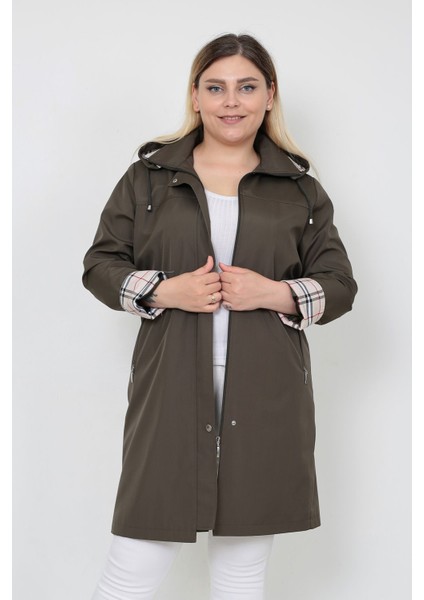 Kadın Suya Dayanıklı Büyük Beden Trençkot Uzun Kapüşonlu Trençkot Bonded Kumaş Içi Ekoseli Trençkot