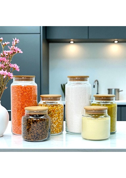 Ahşap Vakum Kapaklı Cam Saklama Kavanozu Seti 1400 ml 800 ml 500 ml