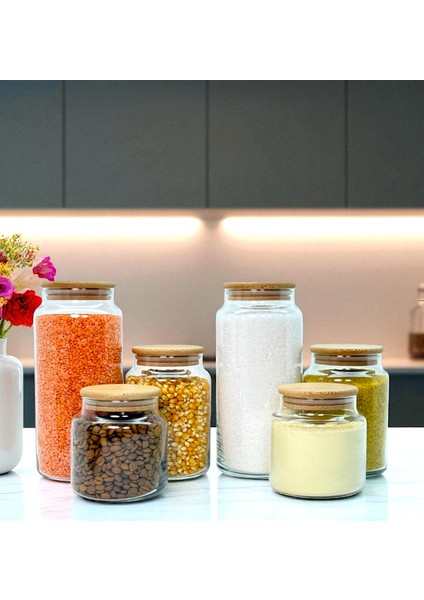 Ahşap Vakum Kapaklı Cam Saklama Kavanozu Seti 1400 ml 800 ml 500 ml modelleri