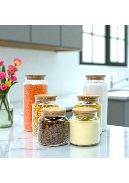 Ahşap Vakum Kapaklı Cam Saklama Kavanozu Seti 1400 ml 800 ml 500 ml