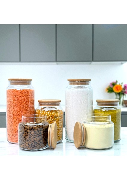 Ahşap Vakum Kapaklı Cam Saklama Kavanozu Seti 1400 ml 800 ml 500 ml