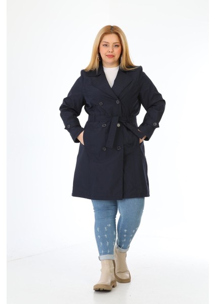 Kadın Suya Dayanıklı Büyük Beden Trençkot Kemerli Kruvaze Trençkot Bonded Kumaş Astarlı Lacivert