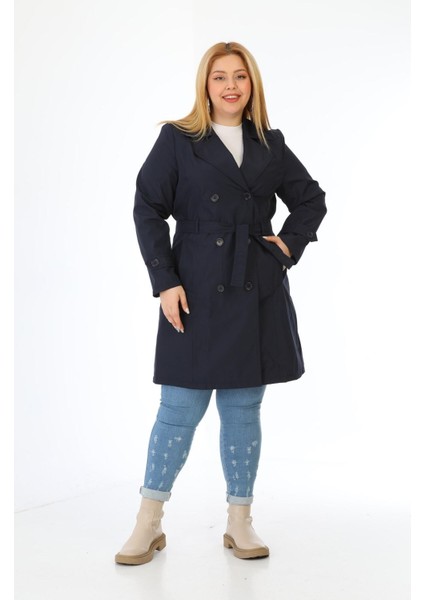 Kadın Suya Dayanıklı Büyük Beden Trençkot Kemerli Kruvaze Trençkot Bonded Kumaş Astarlı Lacivert