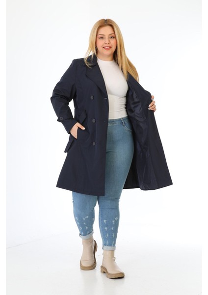 Kadın Suya Dayanıklı Büyük Beden Trençkot Kemerli Kruvaze Trençkot Bonded Kumaş Astarlı Lacivert