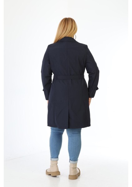 Kadın Suya Dayanıklı Büyük Beden Trençkot Kemerli Kruvaze Trençkot Bonded Kumaş Astarlı Lacivert