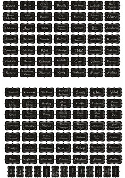 Yıkanabilir Kavanoz Etiketi 111 Adet Kuruyemiş - Baharat Çeşitleri Sticker Siyah
