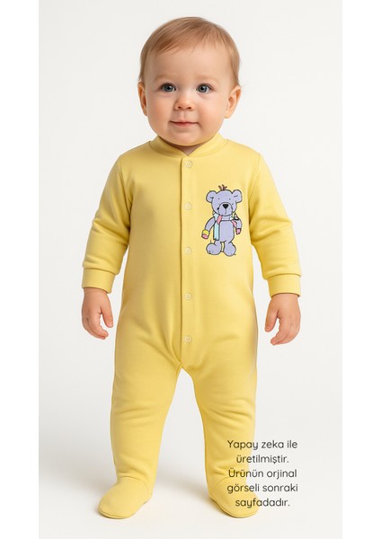 Bebek Tulum Patikli Sarı Ayıcık Desenli Pamuklu Uzun Kollu Unisex