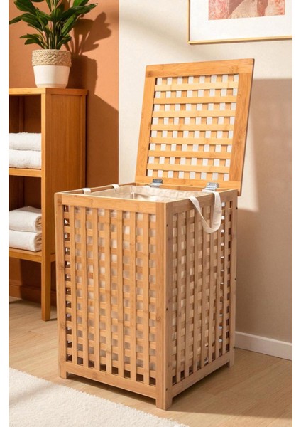 Bambu Çamaşır Sepeti 62x45 cm Kulplu Taşınabilir Bezli DB-0041