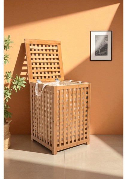 Bambu Çamaşır Sepeti 62x45 cm Kulplu Taşınabilir Bezli DB-0041 fırsatları