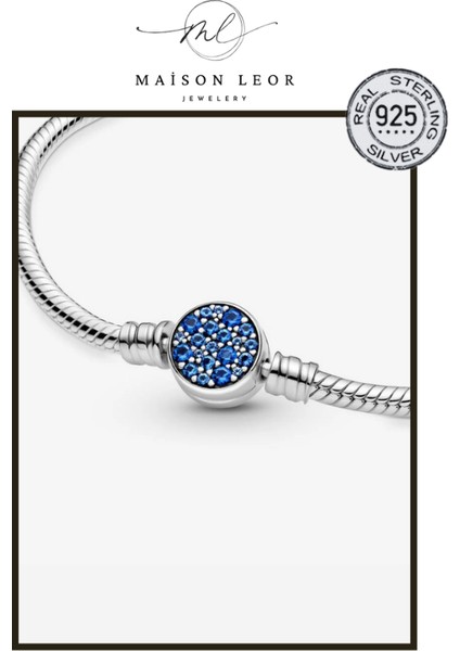Mavi Disk Klipsli Gümüş Bileklik Charm Taşıyıcı