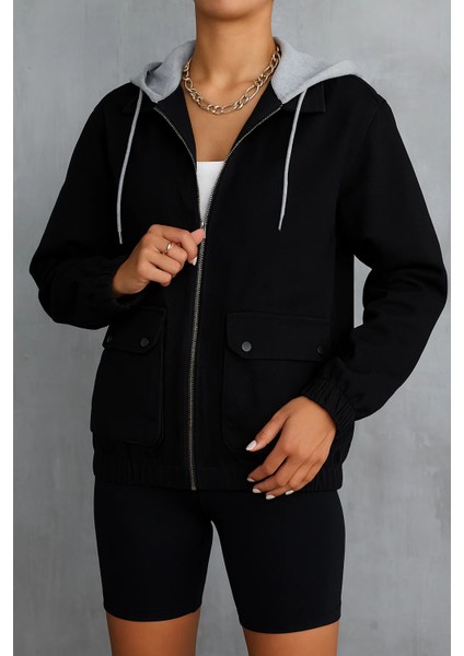 Kadın Fermuarlı Basic Siyah Kapşonlu Kot Ceket