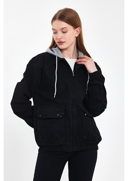 Kadın Fermuarlı Basic Siyah Kapşonlu Kot Ceket modelleri