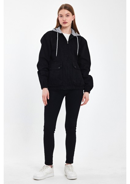 Kadın Fermuarlı Basic Siyah Kapşonlu Kot Ceket fırsatları