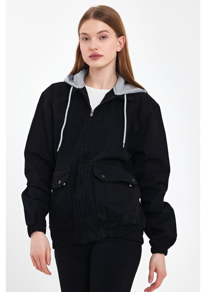 Kadın Fermuarlı Basic Siyah Kapşonlu Kot Ceket indirimleri
