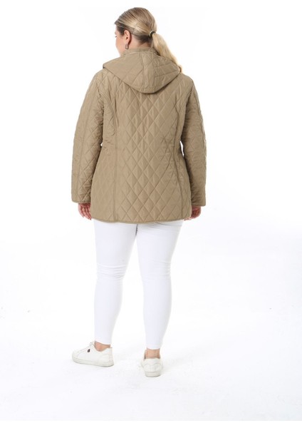 Kapitone Mont, Büyük Beden Mont, Baharlık, Büyük Beden Ceket, Kapüşonlu, Suya Dayanıklı Mont,krem