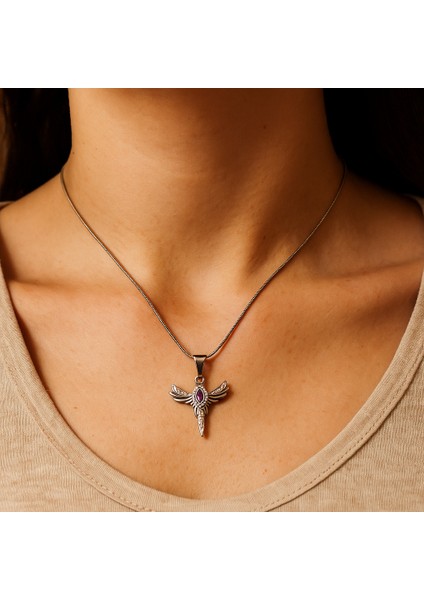 Çelik Yılan Taşlı Anka Charm Kolye