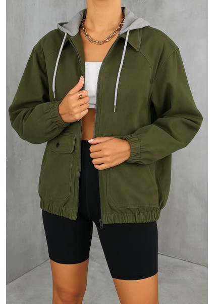 Kadın Fermuarlı Basic Haki Kapşonlu Kot Ceket
