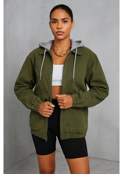 Kadın Fermuarlı Basic Haki Kapşonlu Kot Ceket fiyatları