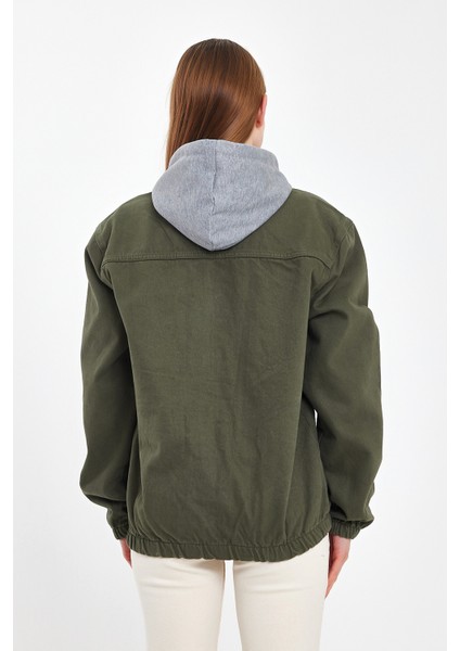 Kadın Fermuarlı Basic Haki Kapşonlu Kot Ceket modelleri