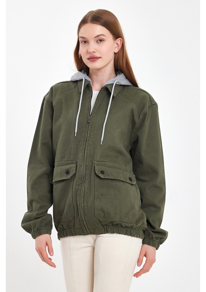 Kadın Fermuarlı Basic Haki Kapşonlu Kot Ceket fırsatları