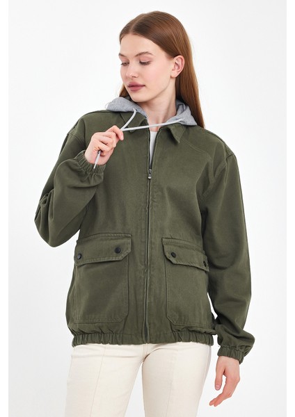 Kadın Fermuarlı Basic Haki Kapşonlu Kot Ceket indirimleri