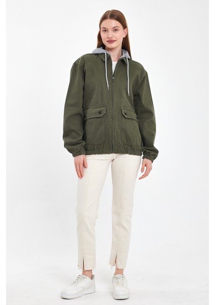 Kadın Fermuarlı Basic Haki Kapşonlu Kot Ceket