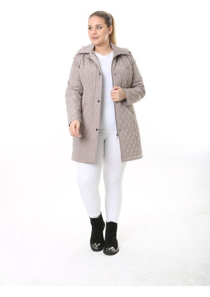 Kadın Uzun Suya Dayanıklı Memory Kumaş Kapüşonlu Mont Büyük Beden Mont