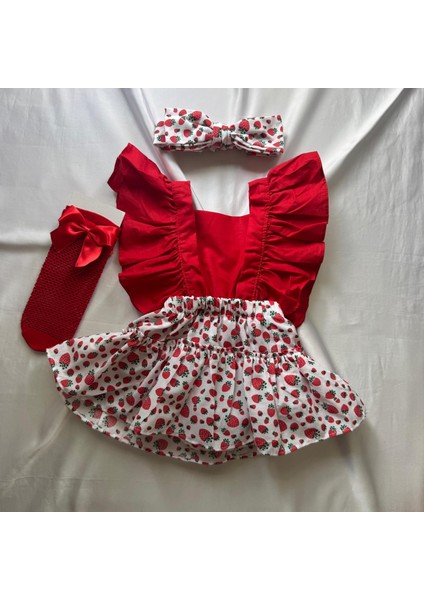 Kız Bebek Çilek Desenli Salopet Bandana ve File Çorap Set