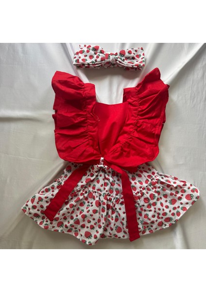 Kız Bebek Çilek Desenli Salopet Bandana ve File Çorap Set fiyatları
