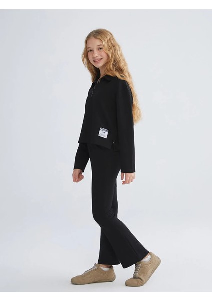 Kids Siyah Polo Yaka Geniş Paça Kız Çocuk Sweatshirt ve Pantolon 2'li Takım