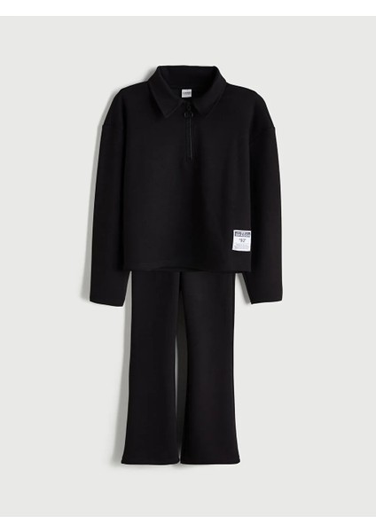 Kids Siyah Polo Yaka Geniş Paça Kız Çocuk Sweatshirt ve Pantolon 2'li Takım fiyatları