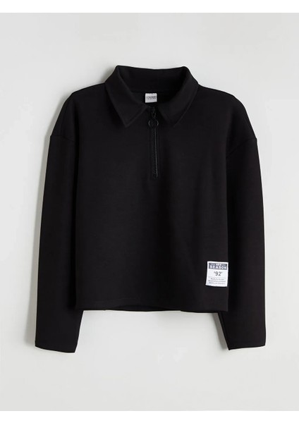 Kids Siyah Polo Yaka Geniş Paça Kız Çocuk Sweatshirt ve Pantolon 2'li Takım modelleri