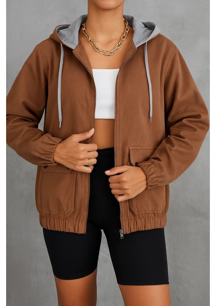 Kadın Fermuarlı Basic Kahve Kapşonlu Kot Ceket