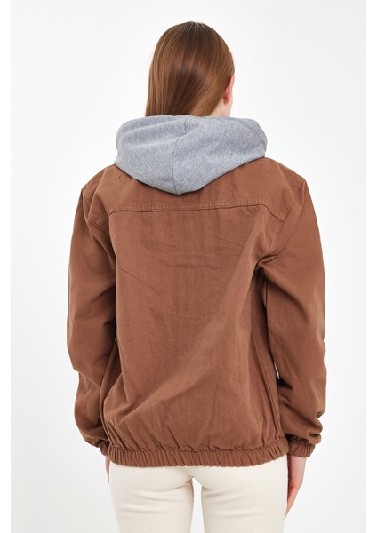 Kadın Fermuarlı Basic Kahve Kapşonlu Kot Ceket fiyatları