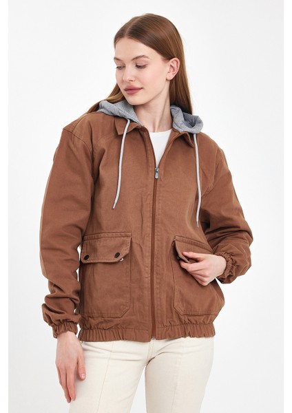 Kadın Fermuarlı Basic Kahve Kapşonlu Kot Ceket modelleri