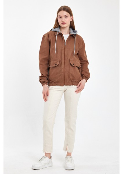 Kadın Fermuarlı Basic Kahve Kapşonlu Kot Ceket fırsatları
