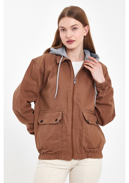 Kadın Fermuarlı Basic Kahve Kapşonlu Kot Ceket indirimleri