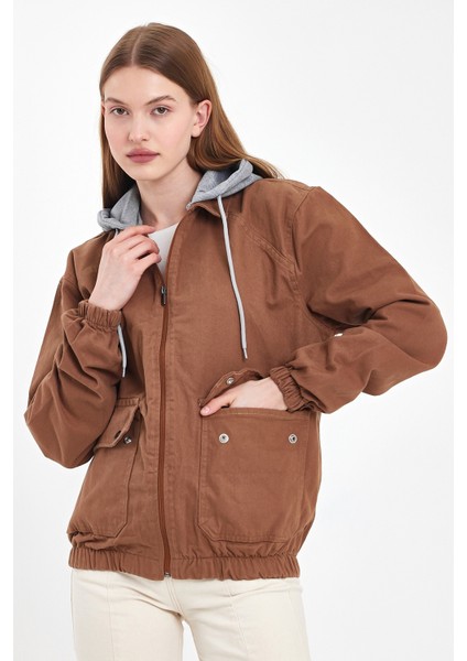 Kadın Fermuarlı Basic Kahve Kapşonlu Kot Ceket