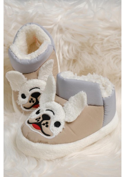 Dogg Desenli Kaydırmaz Taban Su Itici Kürklü Kreş Ev Okul Ayakkabısı Bebek Çocuk Panduf Ev Botu