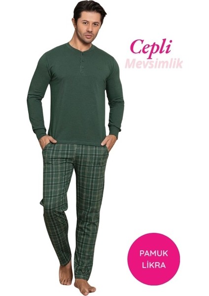 Erkek 3 Düğmeli Ekose Desen Pamuk Likra Mevsimlik Uzun Kol Manşetli Cepli Pijama Takımı