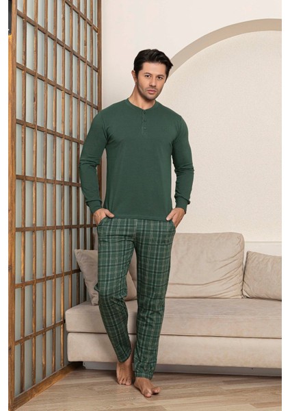 Erkek 3 Düğmeli Ekose Desen Pamuk Likra Mevsimlik Uzun Kol Manşetli Cepli Pijama Takımı fırsatları