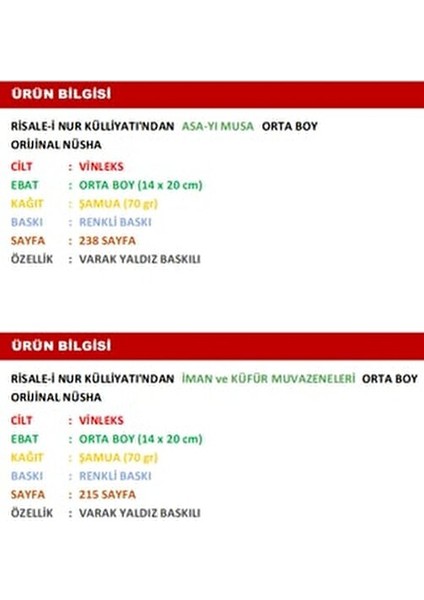 Risale Nur Külliyatından Başlangıç Seti (Iman ve Küfür Asayı Musa) Risalei Nur 2 Kitap fiyatları