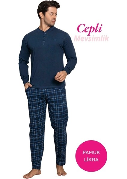 Erkek 3 Düğmeli Ekose Desen Pamuk Likra Mevsimlik Uzun Kol Manşetli Cepli Pijama Takımı