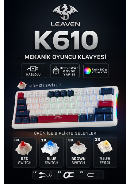K610 Kablolu Mekanik Oyuncu Klavyesi-Red Switch Hot Swap Rgb-61 Tuş