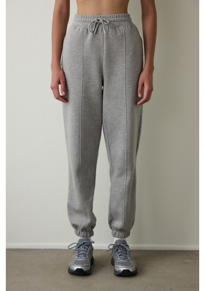 Gri Melanj Orta Bel Çift Dikişli Bağcıklı Oversize Jogger Eşofman Altı