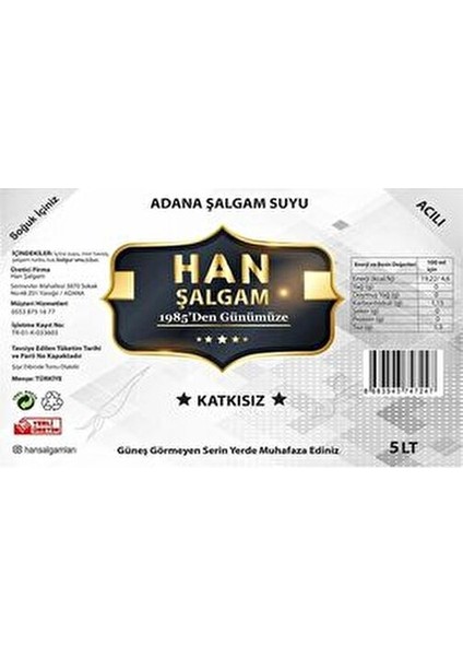 Şalgam Katkısız Adana Şalgamı Acılı 5 Lt (2 Adet) indirimleri